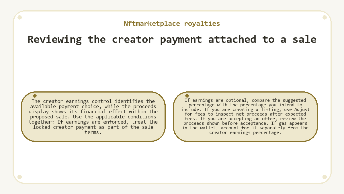 Nftmarketplace royalties - Reviewing the creator payment attached to a sale - illustration